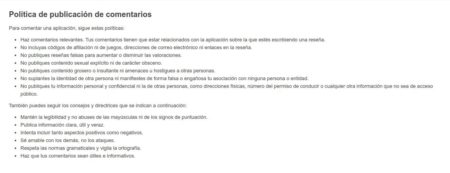Politica publicacion comentarios Google Play